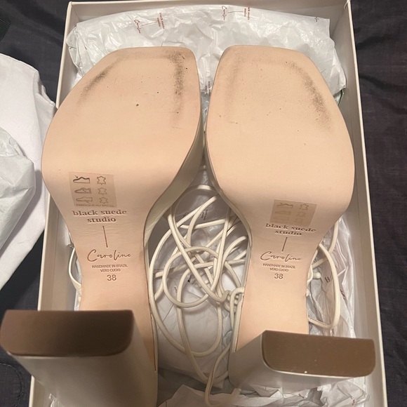 Black Suede Studio White Wrap Around Tie Up Platform Disco Sasha REVOLVE Heels - Picture 8 of 14